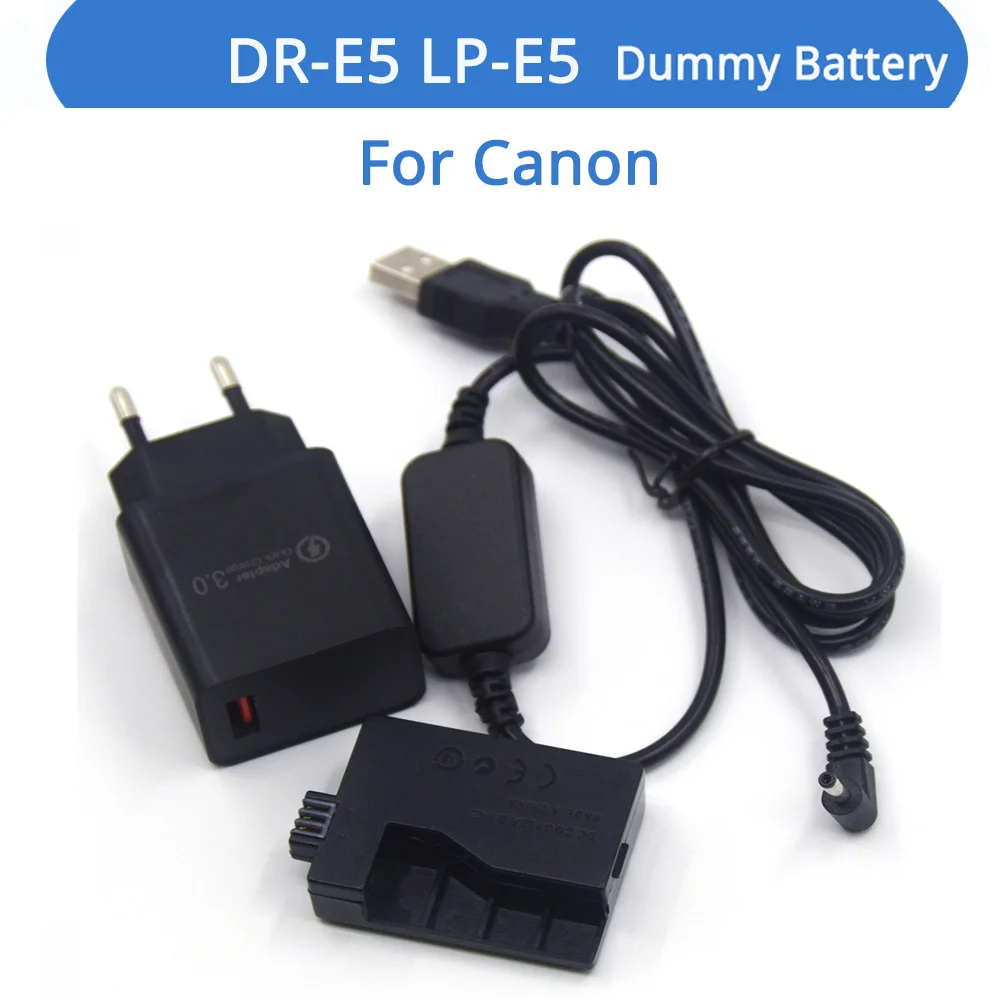

LP-E5 Dummy Battery DR-E5 DC Coupler QC3.0 Charger LC-E5E USB Power Cable Fit For Canon EOS 450D 500D 1000D XS XSi T1i Cameras
