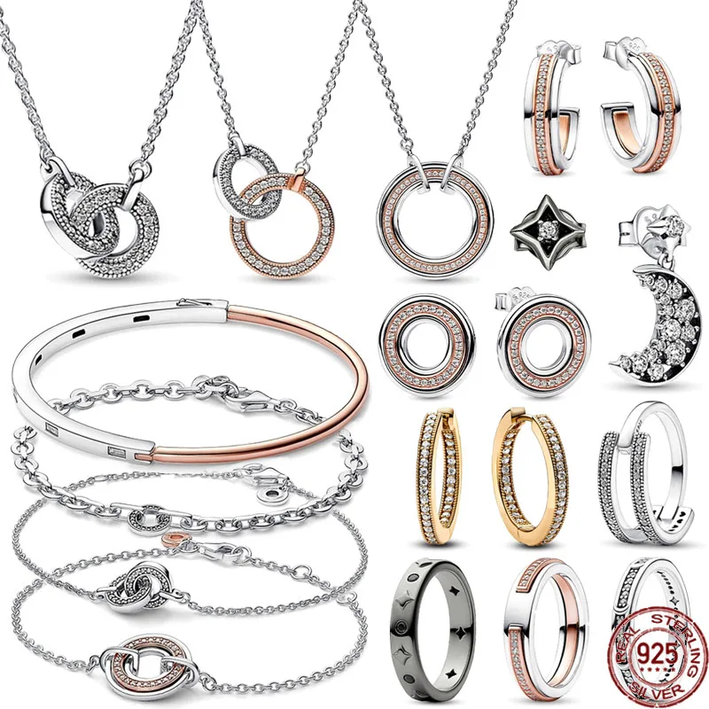 

New 925 Sterling Silver Classic Exquisite Two tone Round Series Set Shiny Bracelet Necklace Fashion Charm Women's Jewelry Gift