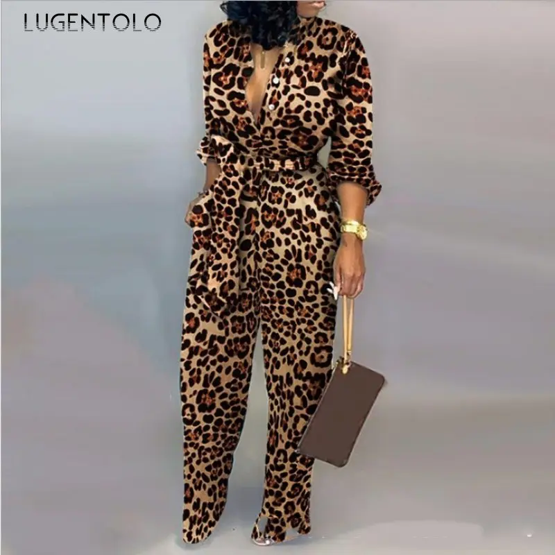 

Комбинезон Lugentolo женский с длинным рукавом, элегантный повседневный узкий модный длинный комбинезон с принтом и V-образным вырезом, с широкими штанинами