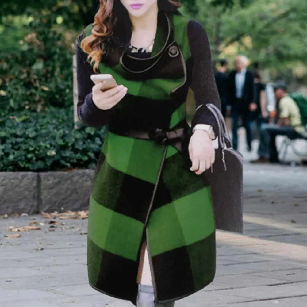 

Women Striped Coat Autumn Winter Long Sleeves Slim Fit Elegant Button Closure High Split Warm Thick Soft Woolen Ladies Female Mi
