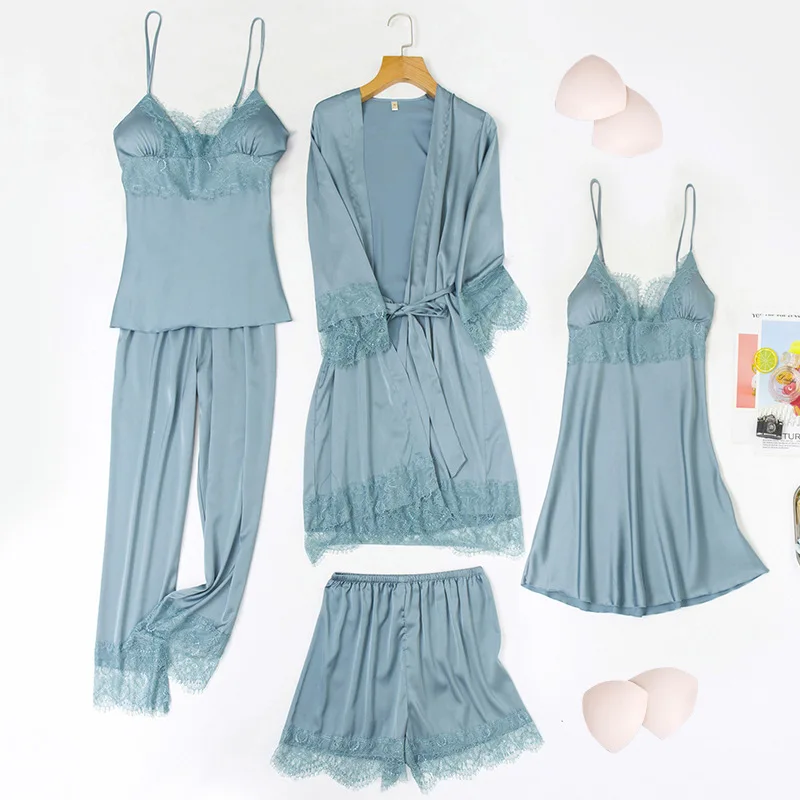 

Women's Sexy Ice Silk Satin Surface Lace Five-Piece Nightgown with Chest Pad Homewear with Braces