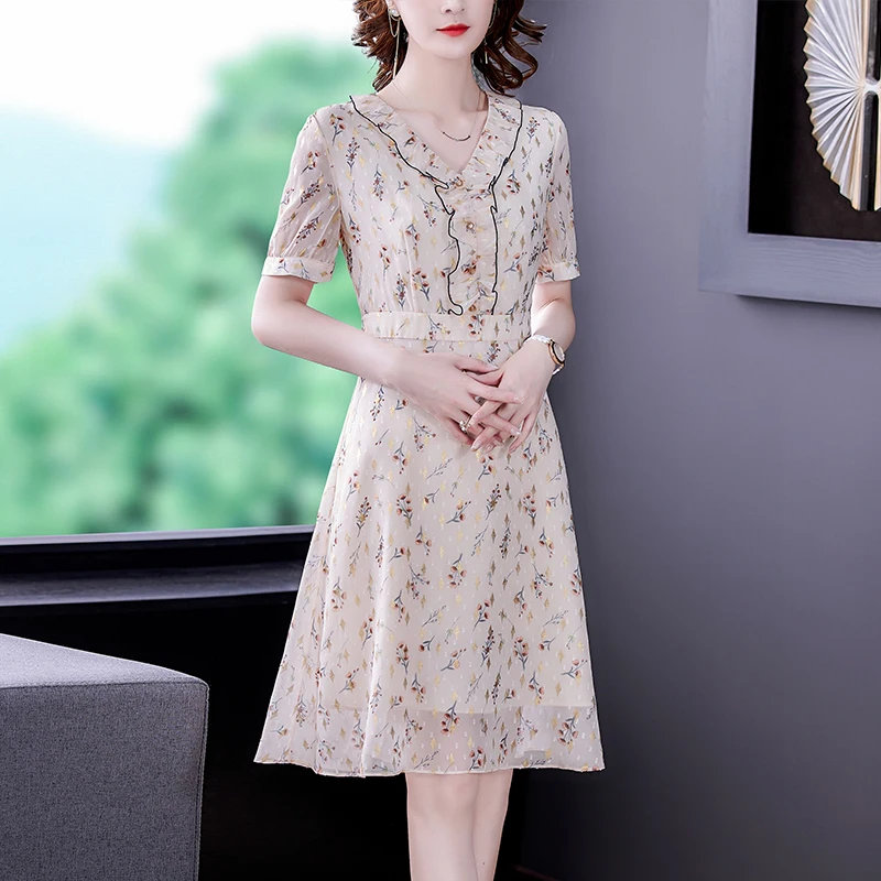 

Женское шифоновое платье миди с оборками, элегантное облегающее Повседневное платье с V-образным вырезом в Корейском стиле, легкий пляжный ...