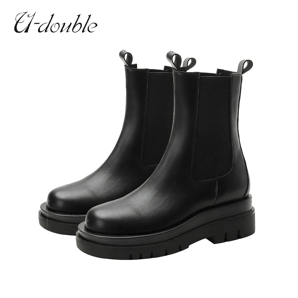 Spring Women Chelsea Boots Chunky Punk Shoes PU Leather Slip on Ankle Boots Black Female Fashion Platform Booties British Style