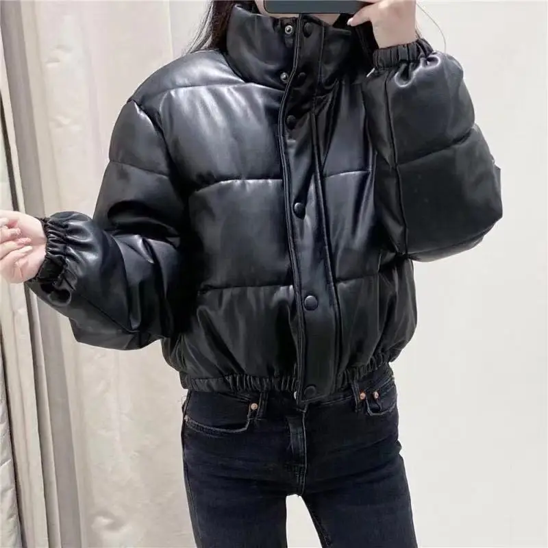 Fashion Korean  solid color PU cotton clothes autumn  winter new top 2022 small stand collar jacket casual coat woman