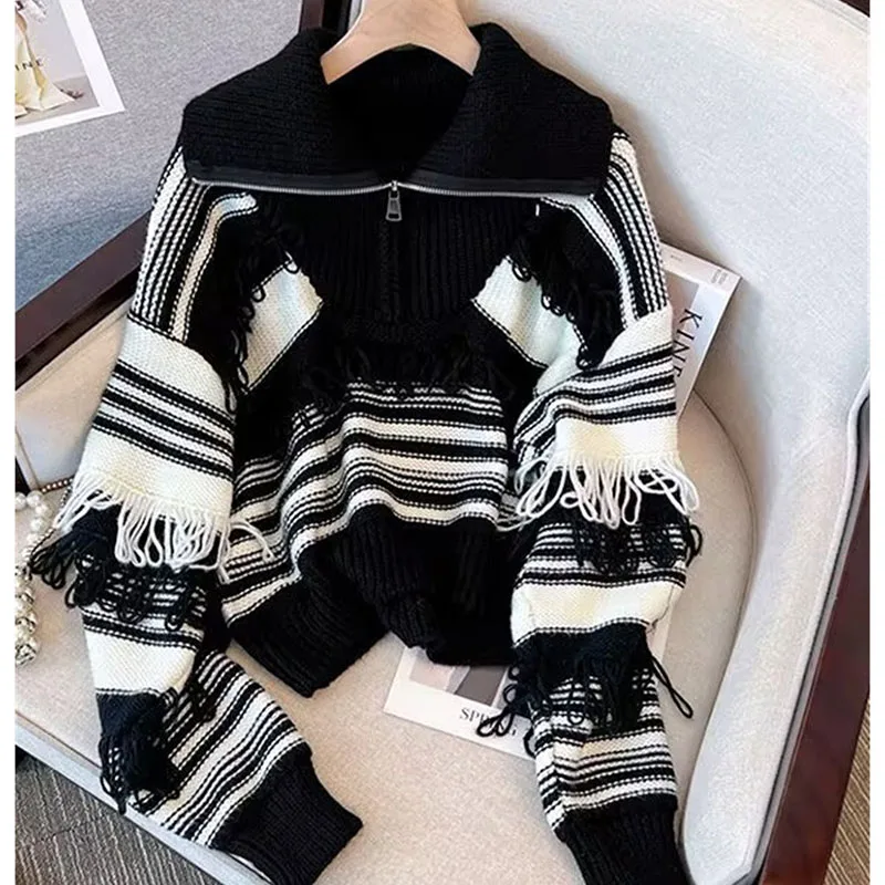 Весенне-осенний новый женский модный свободный вязаный ретро полосатый свитер с