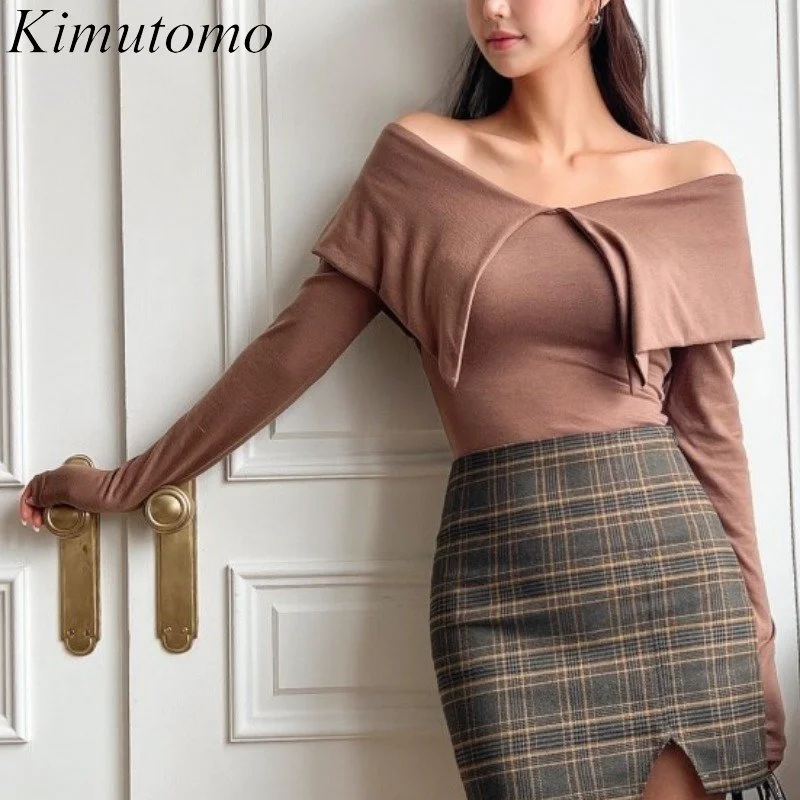 

Соблазнительная Однотонная рубашка Kimutomo с открытыми плечами, женская мягкая рубашка с воротником-лодочкой и длинными рукавами, стройнит, и...