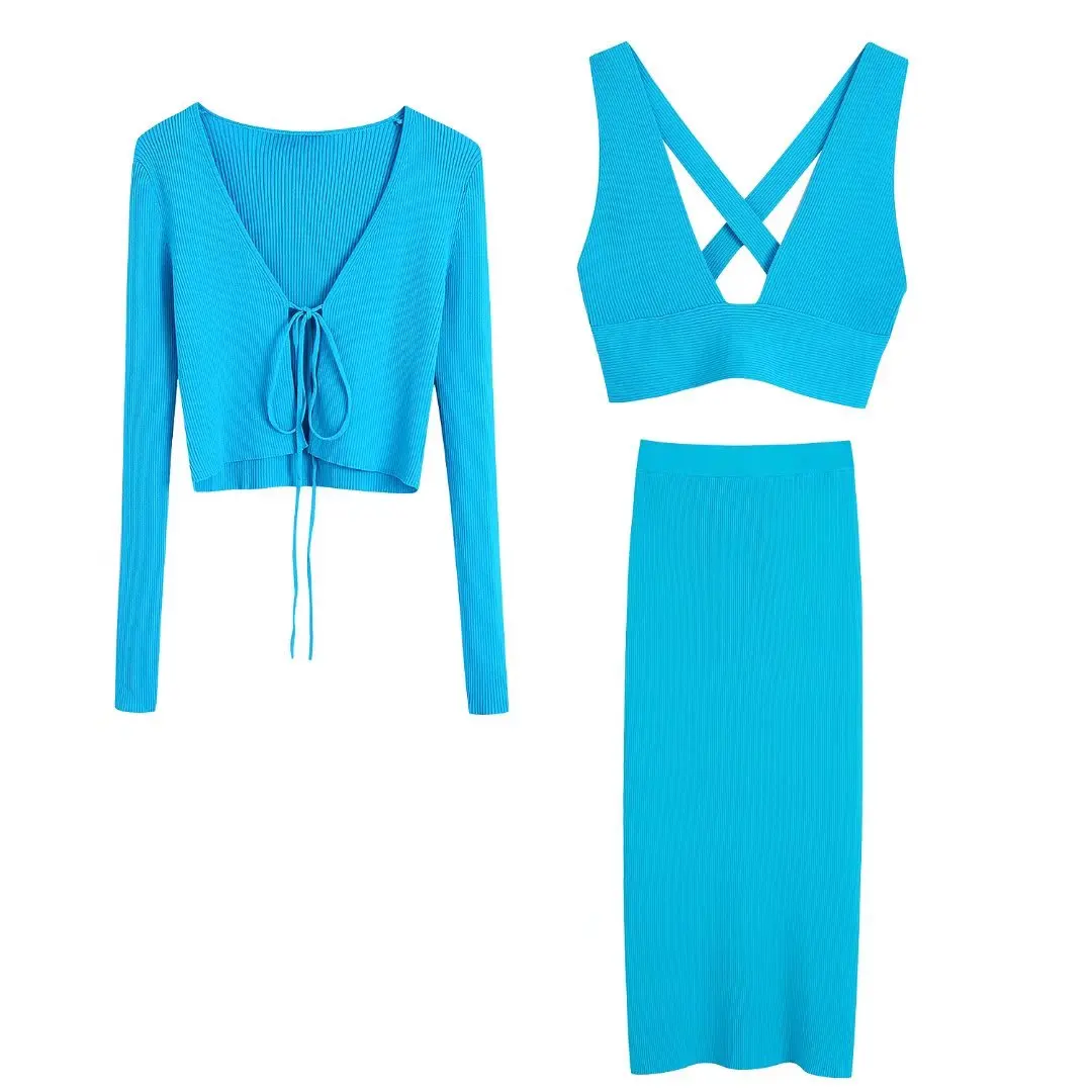 

Женский трикотажный костюм JUNWU, голубой эластичный пиджак с длинным рукавом и юбка с завышенной талией, элегантный пикантный костюм во фран...