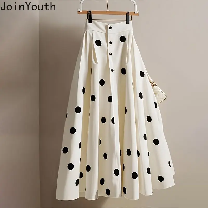 Женская белая юбка в горошек с высокой талией A-line Jupe Vintage Korean Saia Big Swing