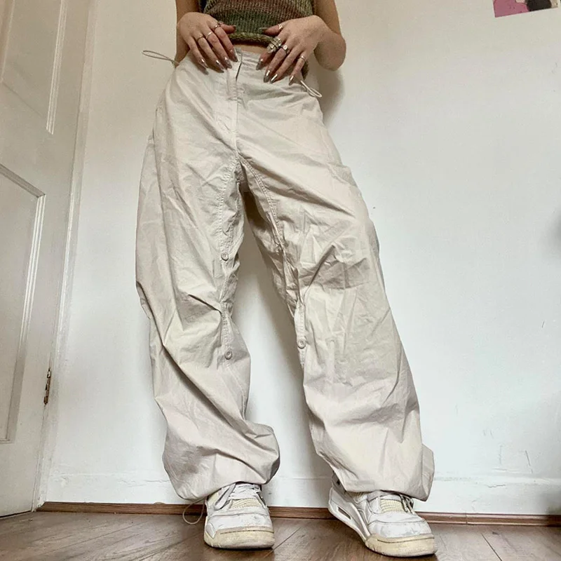 

2023 Women Casual Joggers Tech Pants Vintage Solid Low Waist Drawstring Baggy Trousers Y2K Wide Leg Sweatpants Streetwear Cargo