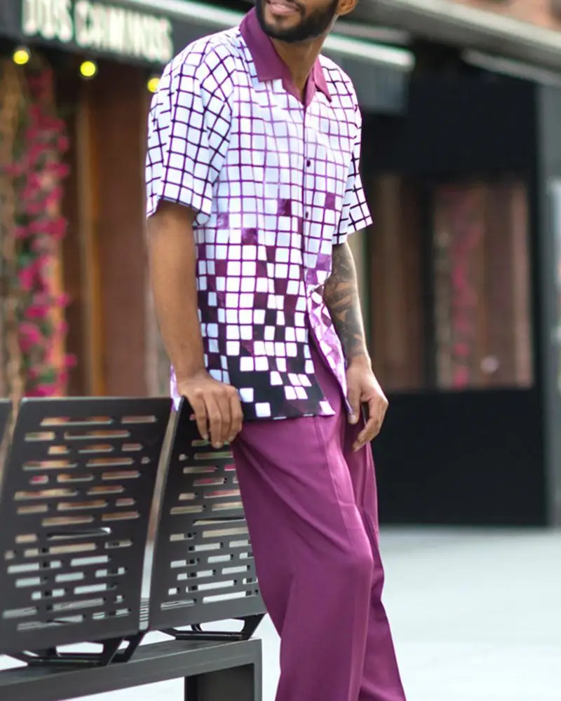 2023 men's short-sleeved shirt+suit pants two-piece street outdoor leisure retro line printed lapel single-breasted shirt suit