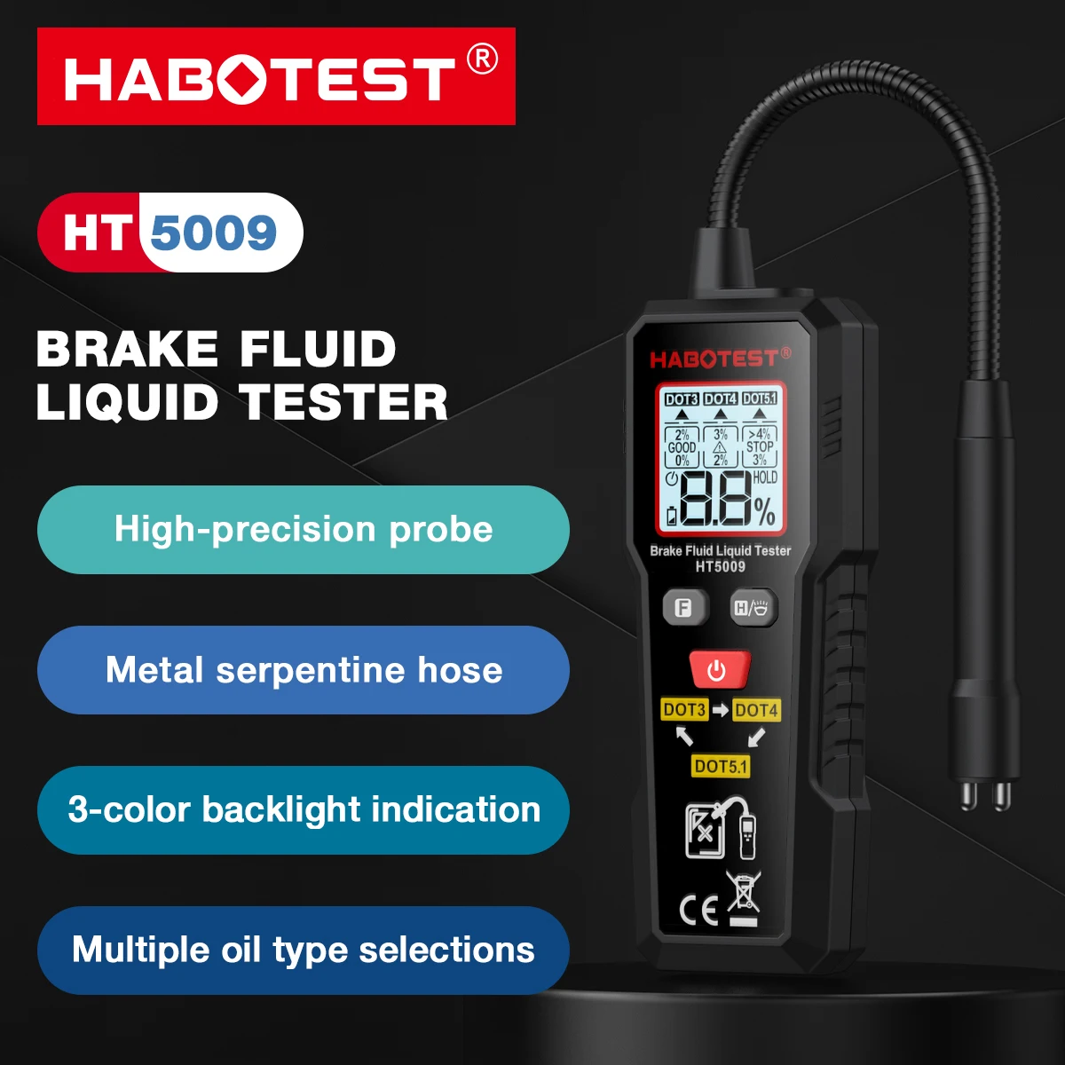 

Тестер тормозной жидкости HABOTEST HT5009, высокоточное определение влажности, поддержка DOT3/DOT4/DOT5.1, инструмент для авторемонта