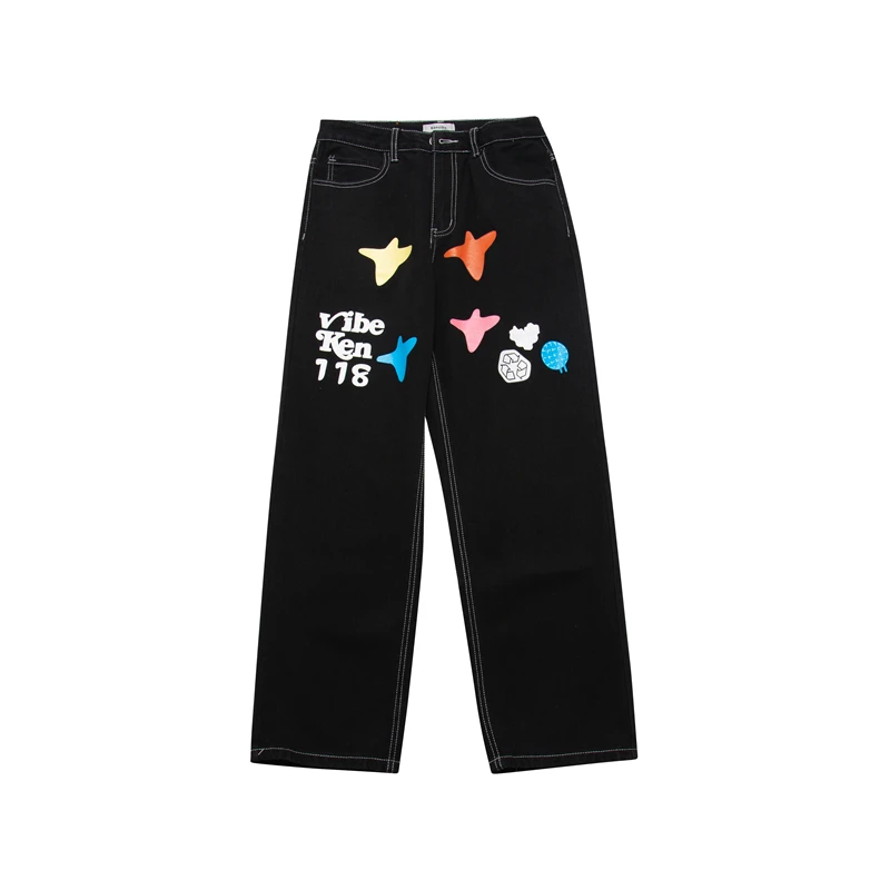 

Letter Graffiti Print Hip Hop Black Men's Jeans Pants Harajuku High Street Straight Oversized Loose Casual Denim Trousers