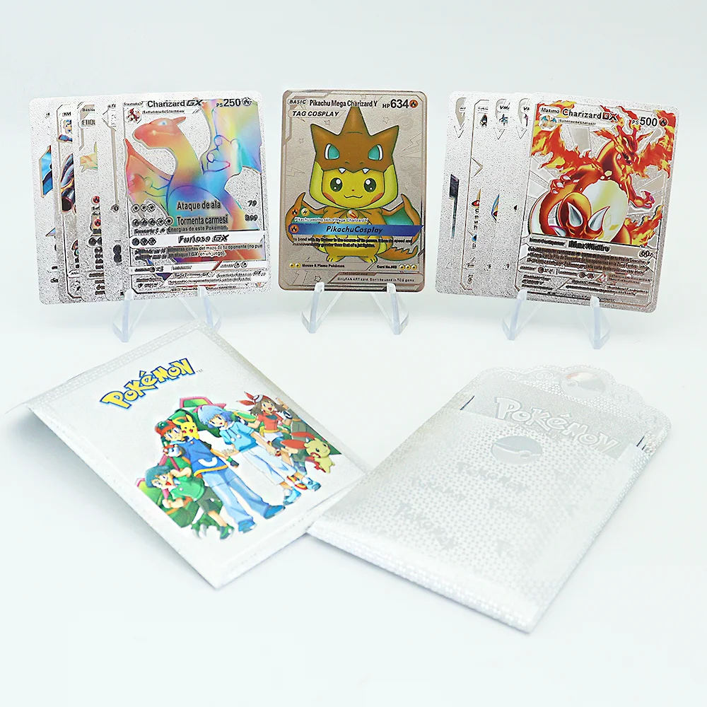 

New Boxed Pokemon Gold Foil Card Gold English Español Vmax V Energy Charizard Pikachu Series Battle Coach Kids Toy Card Gift