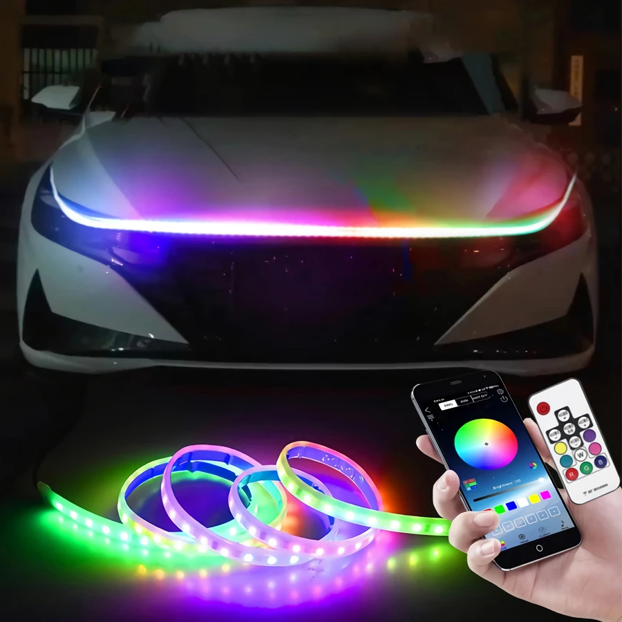 

Led Car Hood Lights Car Daytime Running Light Strips RGB Drl LED Strip APP Remote Control Universal Auto Headlight Strips