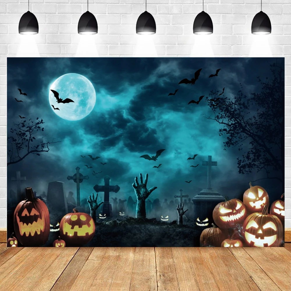 

Halloween Night Party Decor Backdrop Cemetery Full moon Tombstone Bat Pumpkin Baby Portrait Photography Background Photo Studio