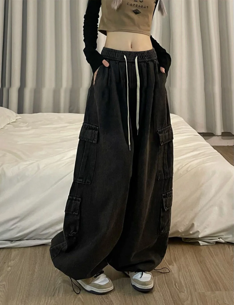 

Hot jeans,2023 Hot Girl Vintage Big Pocket Oversized Baggy Cargo Jeans Femme Elastic Waist Straight Wide Leg Pants Denim Trouser