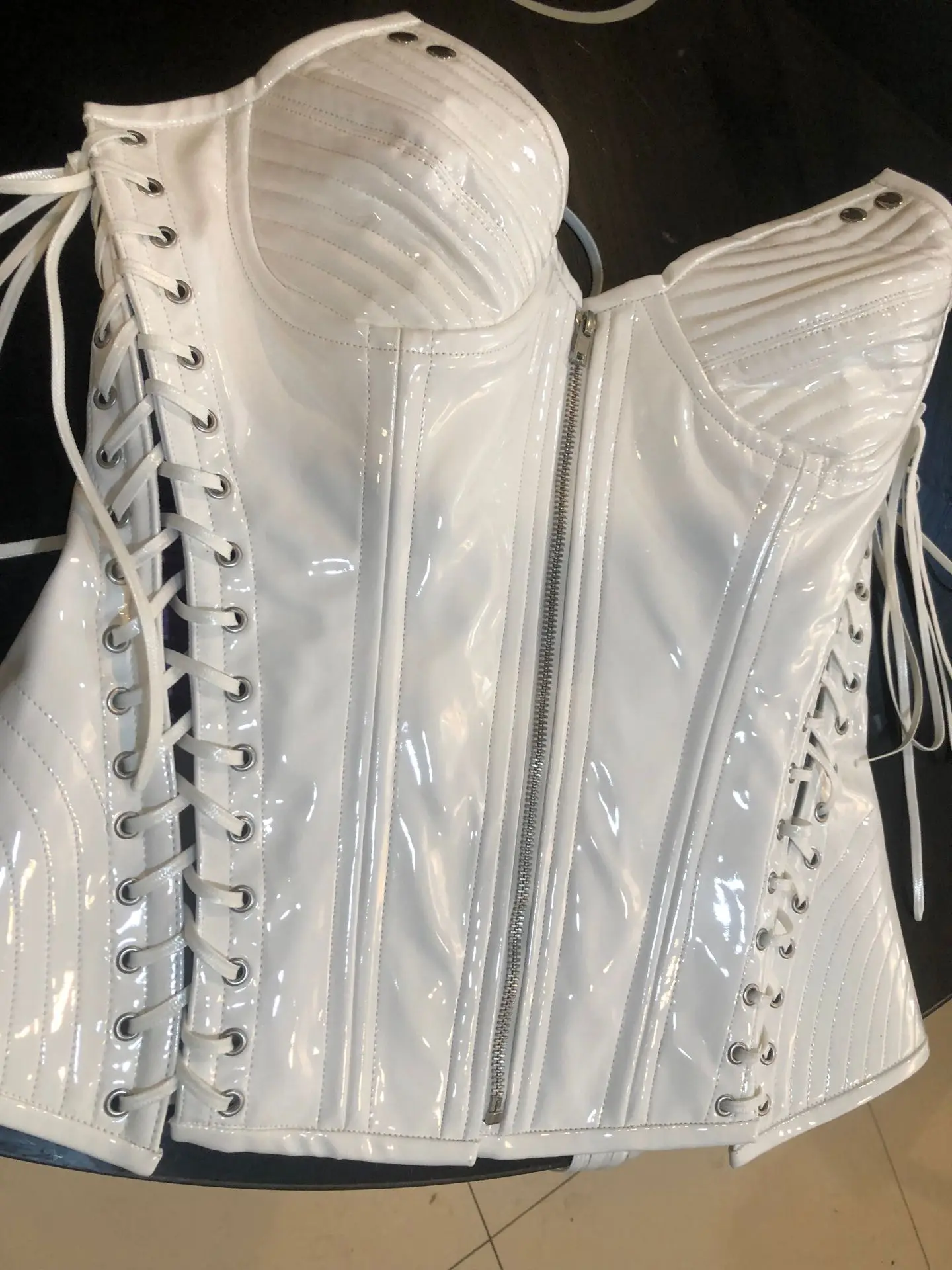 Женский блестящий черный корсет из лакированной кожи с боковой спиной ремешок