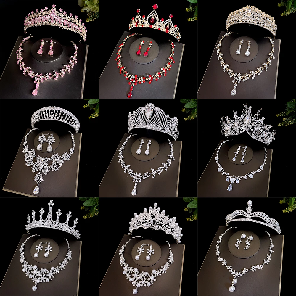 

Bridal Jewelry Sets for Women Accessories Crystal Rhinestone Crown Necklace and Earrings Set Trendy Party Bridesmaid Gifts
