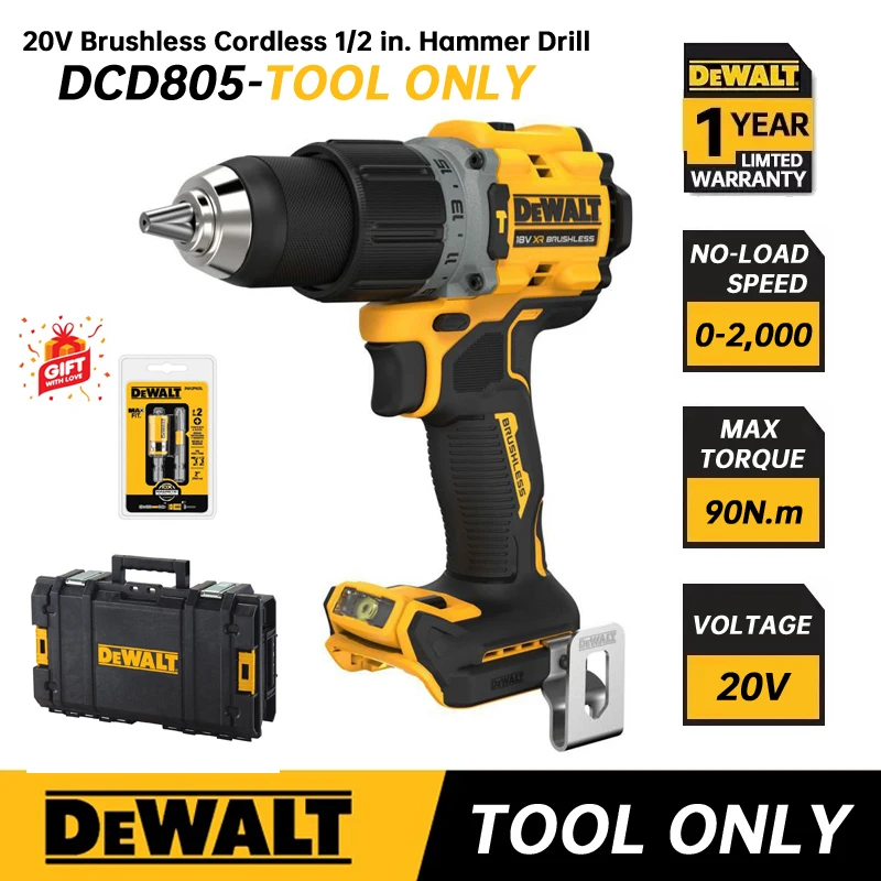 

DEWALT DCD805 Cordless Hammer Drill/Driver Kit Bare Tool 20V MAX Brushless 1/2 in Rechargeable Power Tools Impact Drill DCD805B