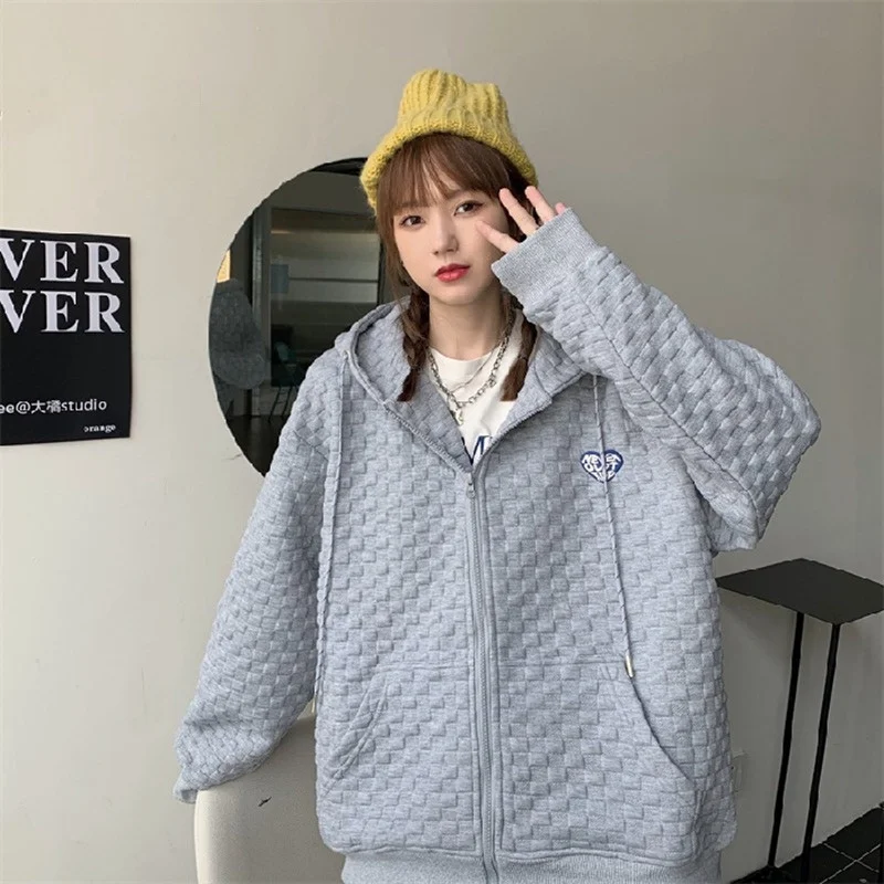 

Women Hooded Sweatshirt Autumn Oversized Trendy 3D Embossing Plaid Zip-Up Hoodies Street Fashion Casual Big Pocket Outwear