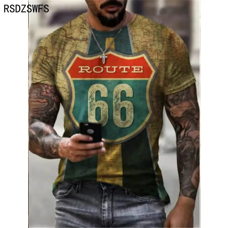 Summer Men's T-Shirt Street Fashion U.S. Highway 66 Personalized Printing Clothes；Large Size Men’s Top Loose Pullover |