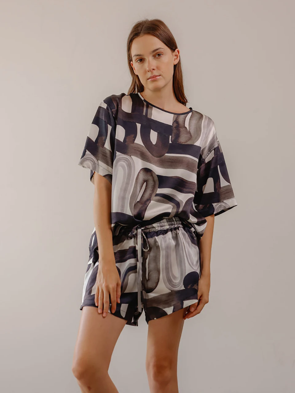 

Linad Texture Print Women Pajama O-Neck Sleepwear Short Sleeves Women's Nightwear Loose Home Suit Satin Female Set Summer Pijama