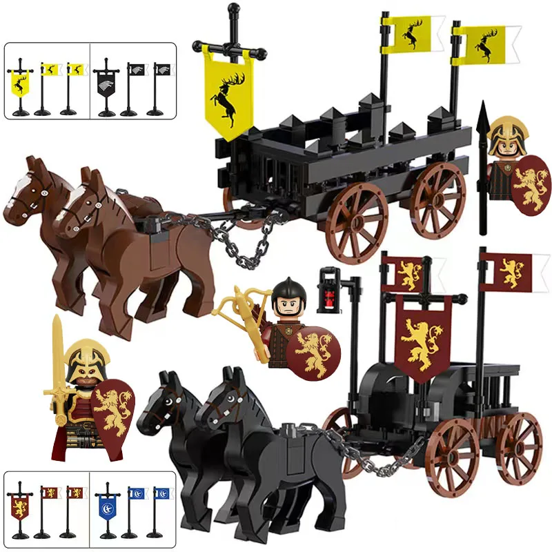 Фигурка солдата средневековой кареты, строительные блоки, военный MOC, шиллы, мечи, банты, арбалет, оружие, флаги, Детская сборная игрушка P063