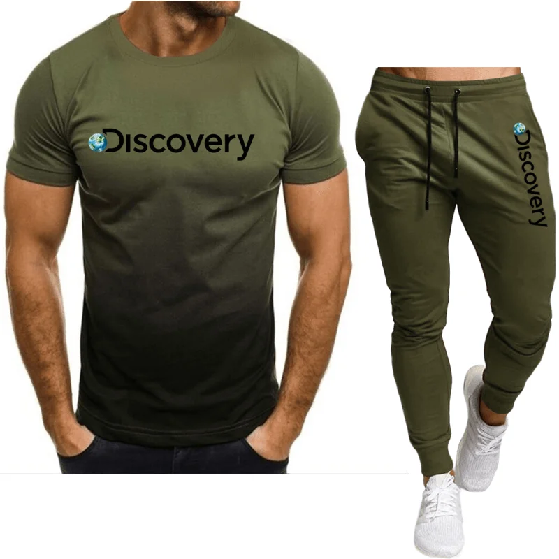Discovery 2023 new summer men's round neck T-shirt+trousers sports suit men's suit short-sleeved polo shirt casual sports suit