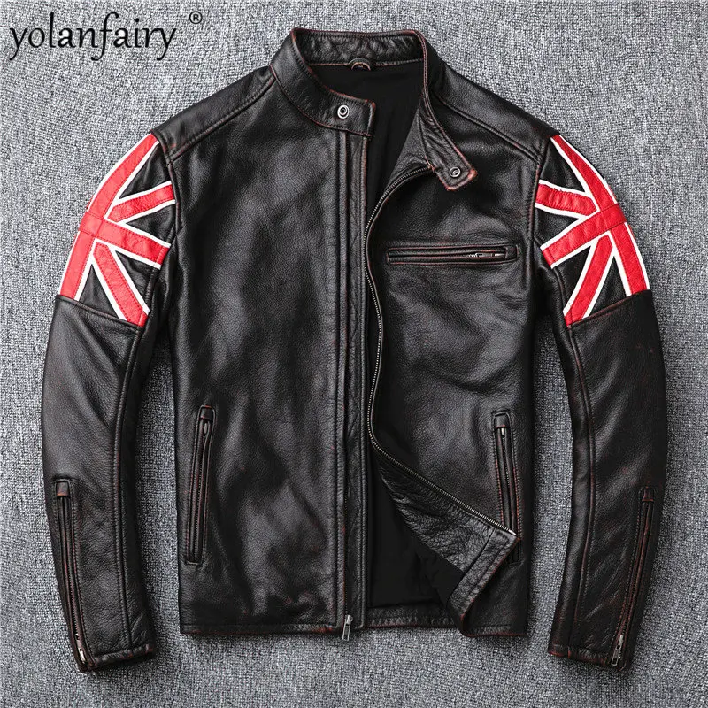 

2023 Retro Pure Cowhide Genuine Leather Men's Leather Jacket Fashion Stand Collar New Heavyweight Motorcycle Suit Chaquetas FCY