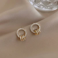 korean hot selling fashion jewelry simple round 14k real gold earrings luxury full crystal womens prom party earrings