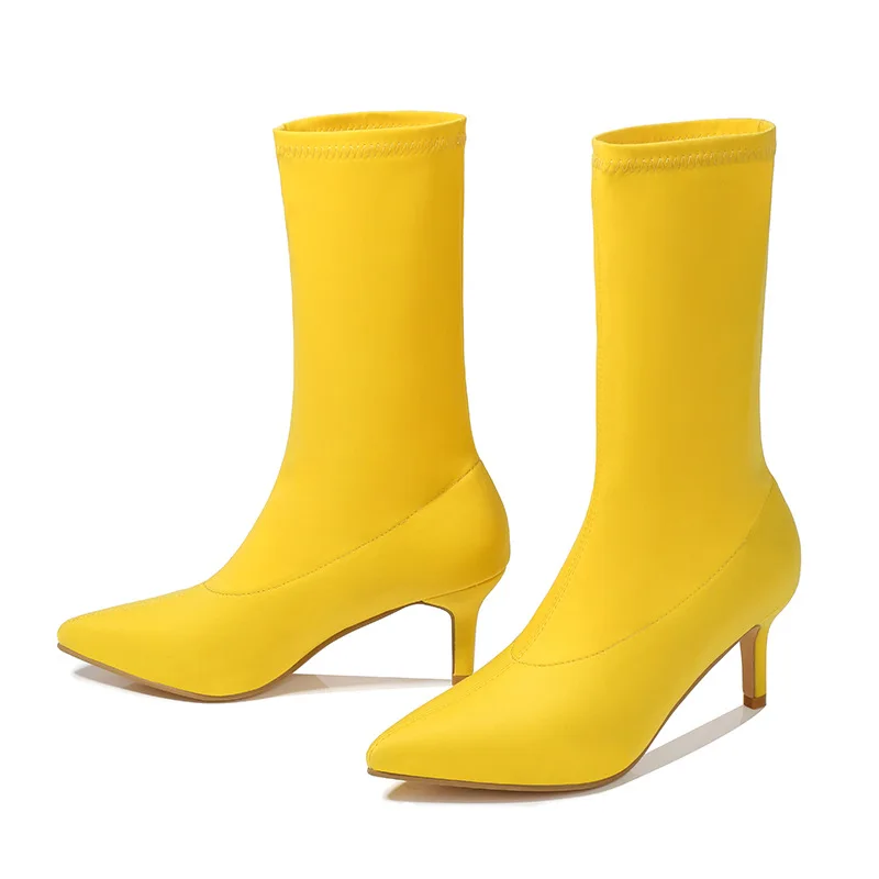 

2022 New In Women Boots Fashion Strech Suede Ankle Boots Sexy Ladies Thin High Heel Shoes Candy Color Pointed Toe Female Pumps