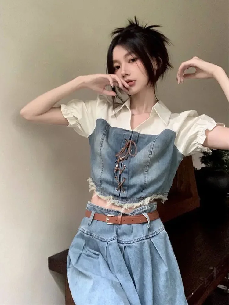 French Sweet Fashion Suit Women's Summer Short-sleeved Stitching Denim Top High Waist Pleated Skirt Two-piece Trendy
