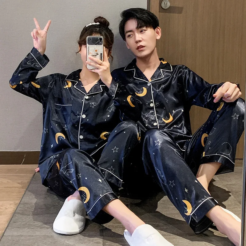 The Autumn Couple Silk Pajamas Sets Cartoon Star Printing Sleepwear for Women Men Nightwear Spring Casual Homewear Sleep Lounge