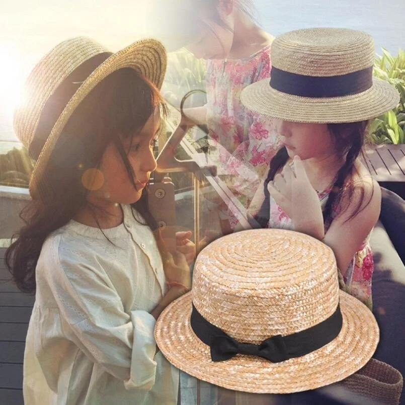 

Cute Child Girls Straw Hat Bowknot Sun Hat Kids Large Brim Beach Summer Boater Beach Ribbon Round Flat Top Fedora Hat 54cm