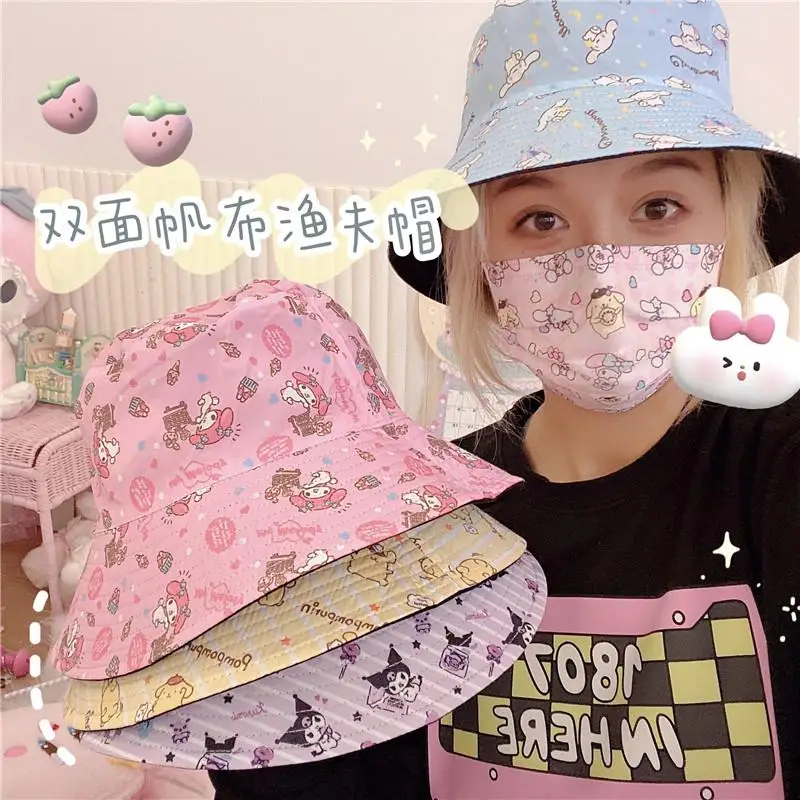 

Шляпа от солнца Sanrios Kawaii, милая шляпа с изображением милых котят, куроми, My Melody Cinnamoroll, мультяшная шляпа от солнца для диких рыбаков, игрушки д...