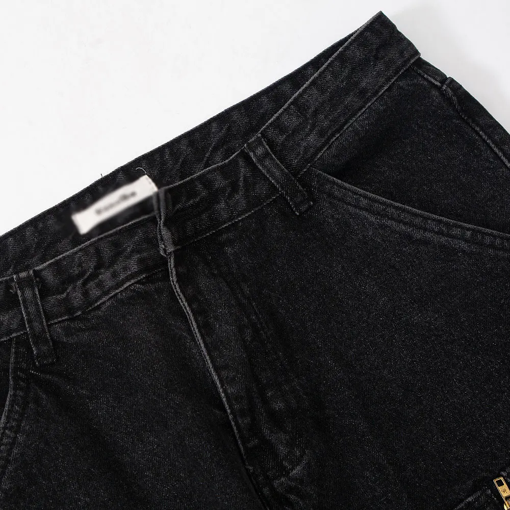 Zipper Multi-pocket Jeans Men's Ins Street Loose Straight Trousers Fashion Casual Wide-leg Denim Pants Oversized Retro Black