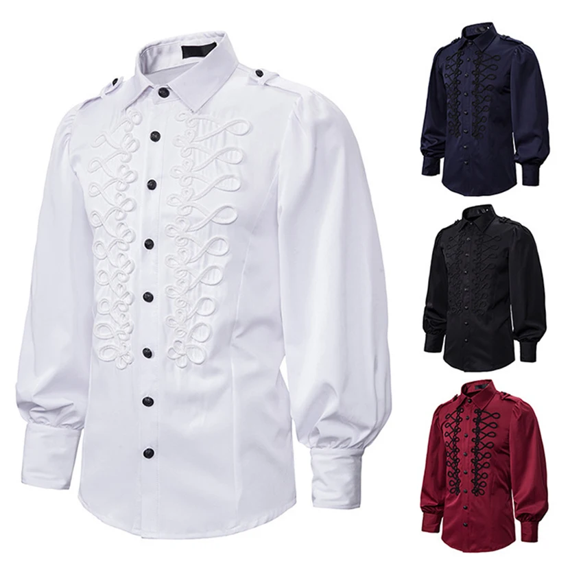 

Men's Casual Long Sleeve Costumes for Men Retro Solid Color Shirts Male Fashion Stage Performance Clothing Shirt