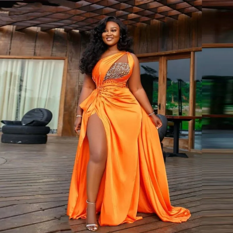 

African Orange Sexy One Shoulder Prom Dresses Sequins Beaded Ruffles High Split Evening Gowns Woman Formal Party Dress 2022