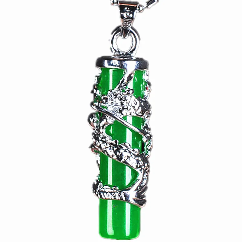 

Natural Green Jade Dragon Pillar Pendant 925 Silver Necklace Carved Charm Jewelry Fashion Accessories Amulet for Men Women Gifts