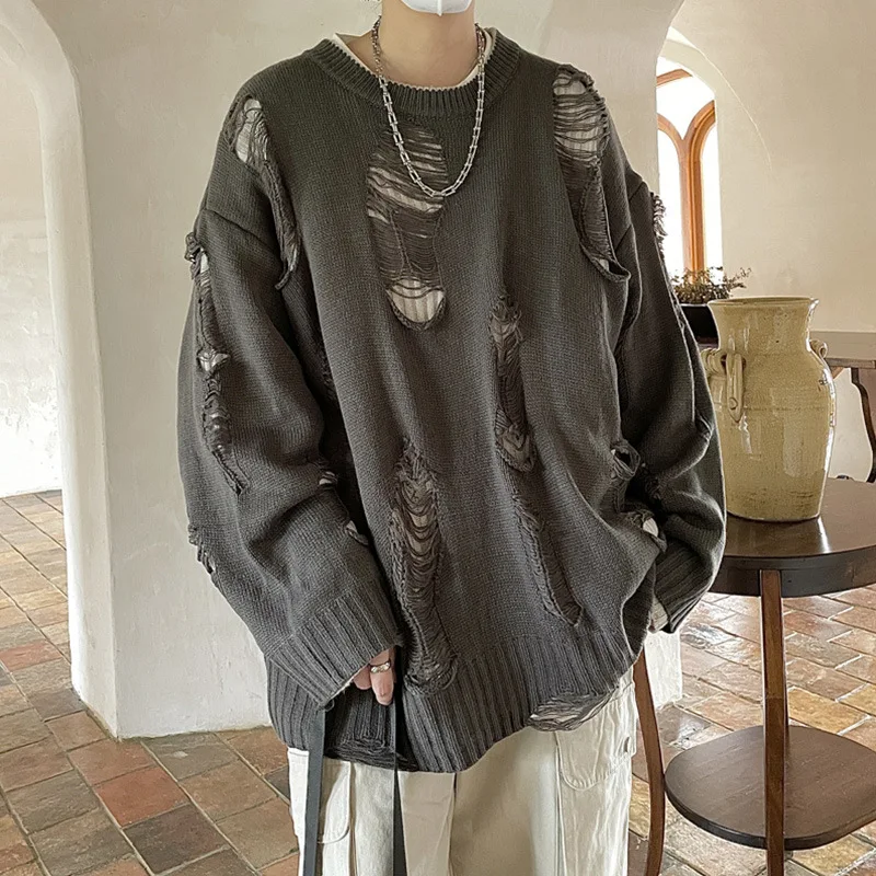 Broken sweater men's loose high street in autumn and winter wear two sides of the sweater vintage sweater jacket