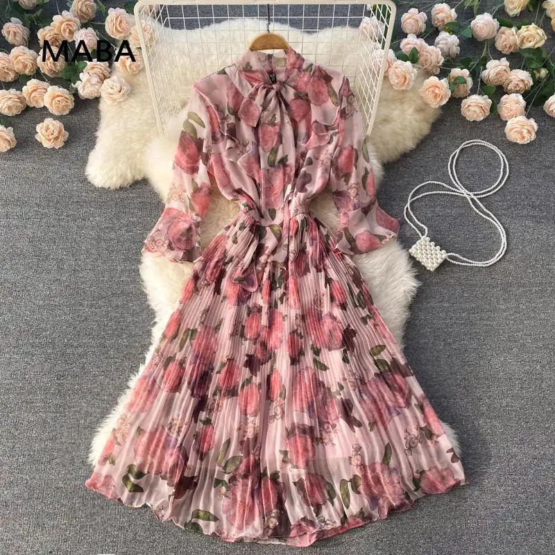 

High Quality Women Dresses Spring Summer 2022 New Bow Collar Flare Sleeve High Waist Runway Sweet Pink Floral Pleated Long Dress