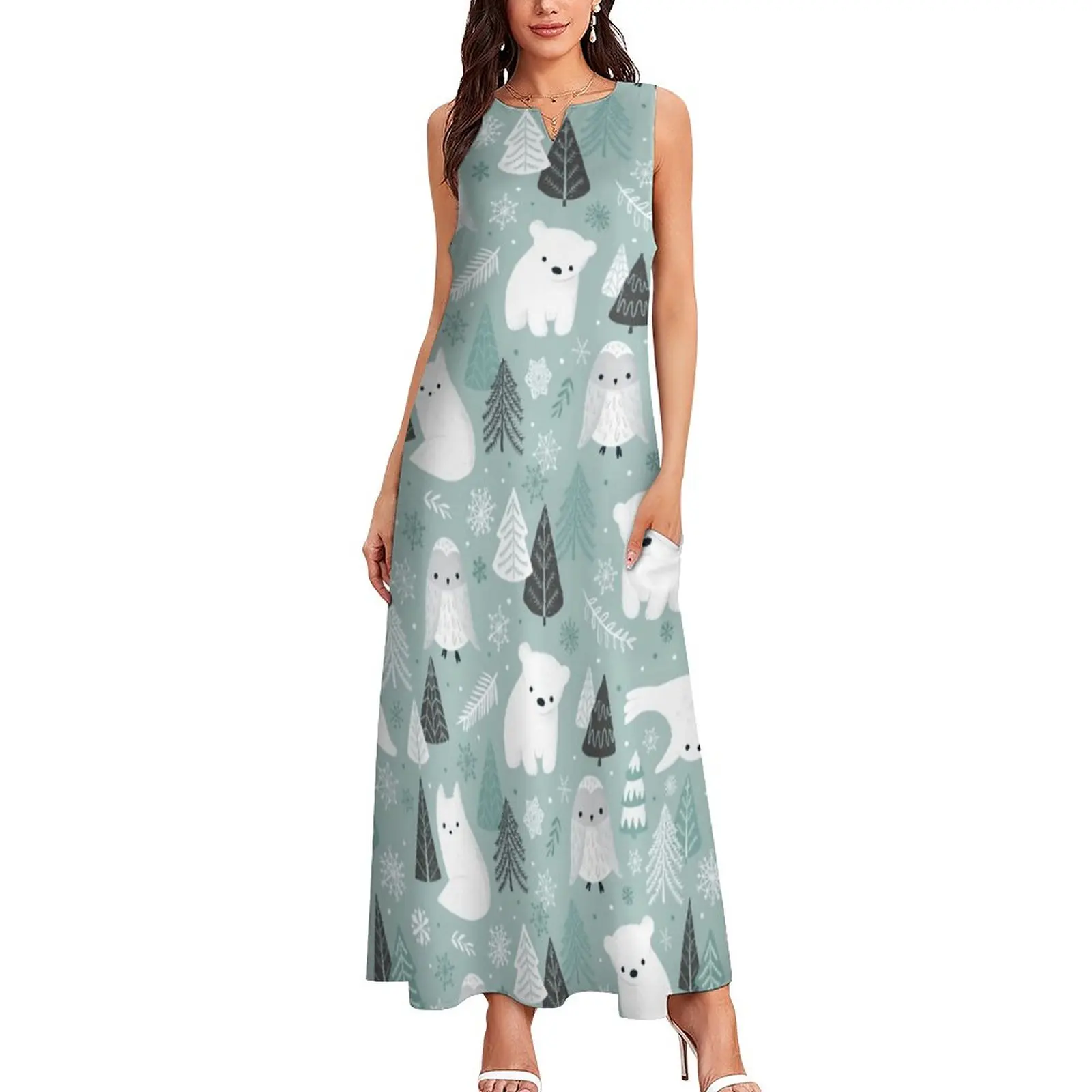 

Baby Arctic Animal Dress Polar Bear Fox Sexy Maxi Dress Aesthetic Bohemia Long Dresses V Neck Graphic Vestido Big Size 4XL 5XL