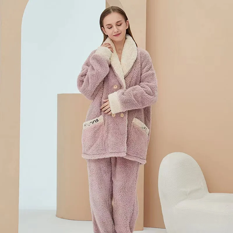 

Зимние теплые флисовые пижамные комплекты из 2 предметов, женские утепленные Фланелевые брюки с длинным рукавом, одежда для сна, пижама, домашняя одежда, пижама