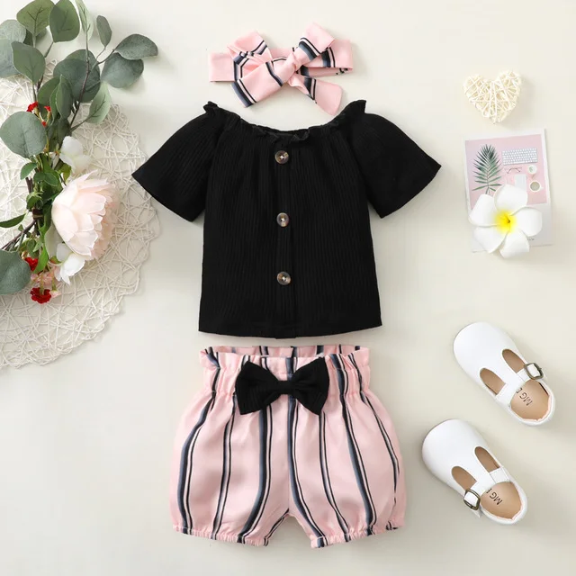 3Pcs Baby Girl Clothes Set Summer Short Sleeve Newborn Outfit Green Red Purple Romper + Floral Print Shorts Toddler Clothing