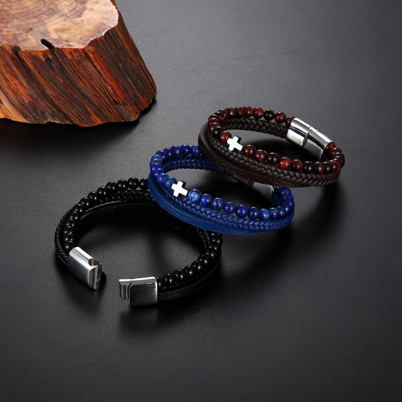 

Natural Tiger eye Beads Bracelets Cross Genuine Leather Braided Bracelet Stainless Steel Bangles Men Jewelry New Yew year Gifts