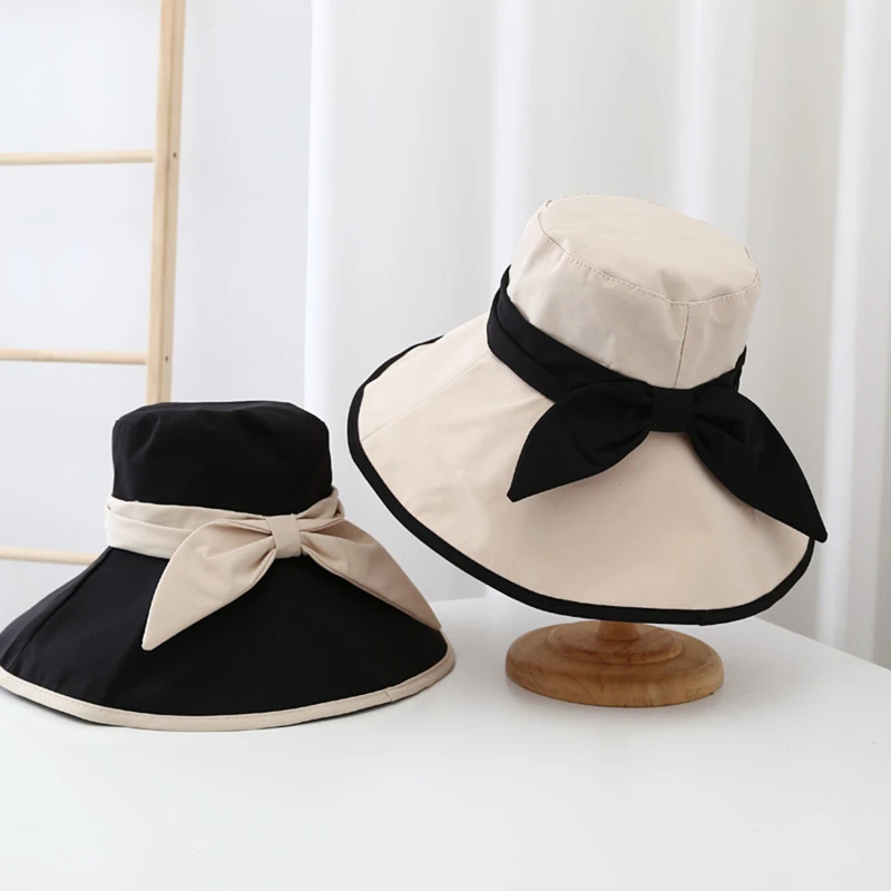 

Spring Summer New Bandage Bow Beach UV Anti Sun Cap Foldable Fashion Large Brim Bucket Hat for Women Fisherman Hat