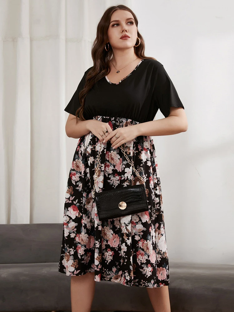 

Женское шифоновое платье-трапеция размера плюс, Новинка лета 2022, с v-образным вырезом, коротким рукавом и высокой талией