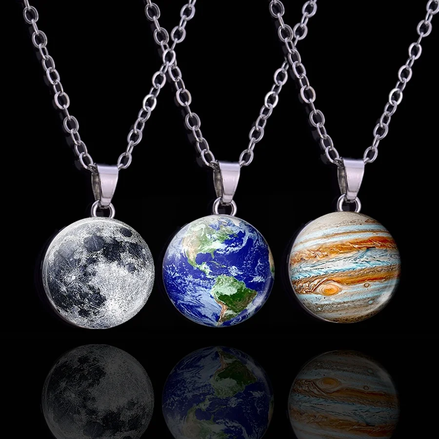 Planet Galaxy Necklace Glass Snap Button Pendant Jewelry Solar System Moon Earth Necklace Fashion Men Women Valentine's Day Gift