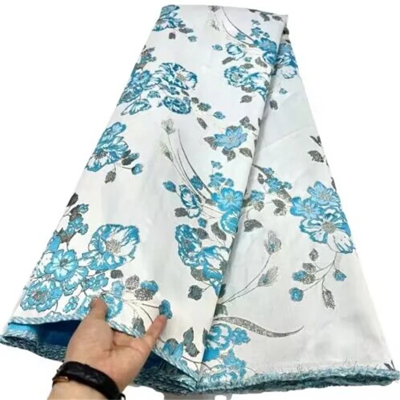

Blue Latest Brocade Jacquard Fabric African Gilded Lace Fabric High Quality Nigerian Lace Materials For Women Dress Sewing