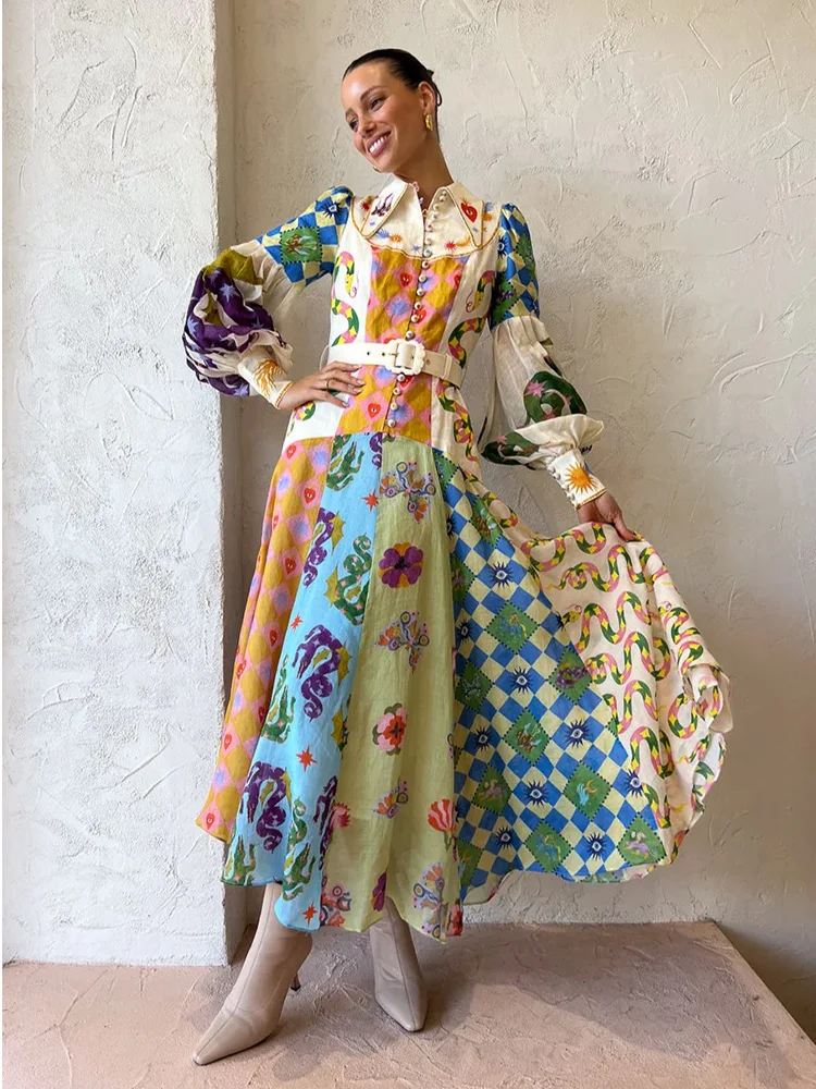 

2023 Autumn Print Holiday Women Beach Dress With Belts A-line Long Lantern Sleeve Single Breasted Lapel Seaside Dresses Robe